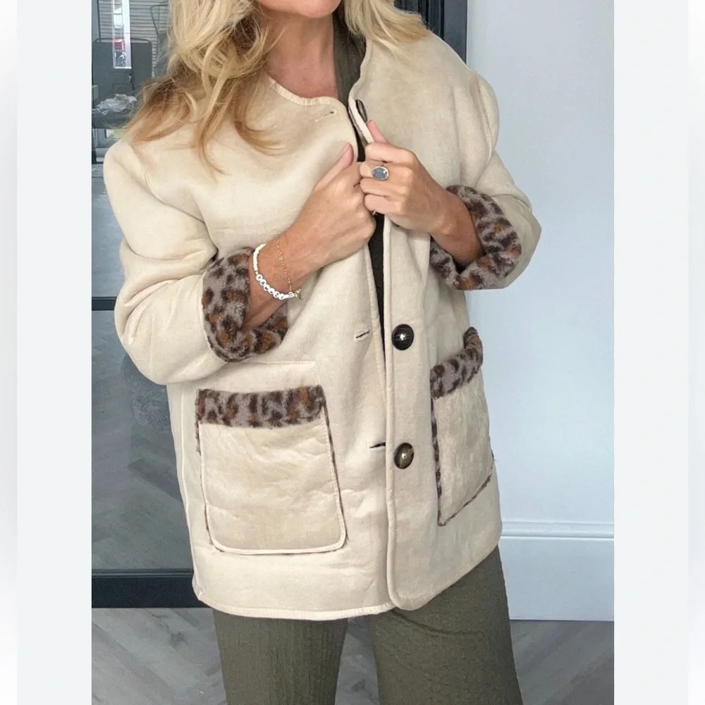 FROM PARIS FRANCE REVERSIBLE Leopard Trim Cream Jacket - Picture 1 of 3